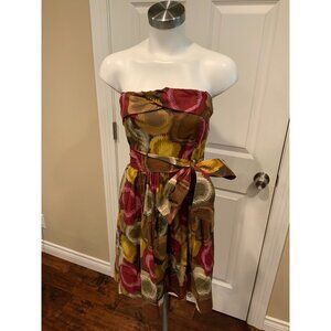 BCBG Max Azria Multicolor Circle Print Strapless Dress With Tie Belt, Size 4